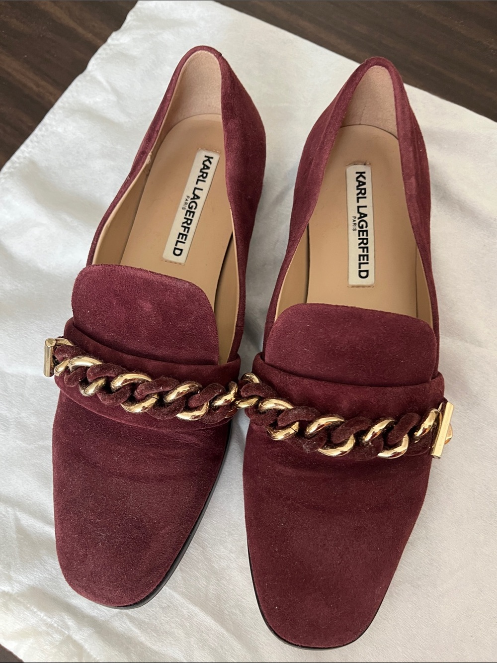Karl Lagerfeld Burgundy Suede Loafers with Gold Chain